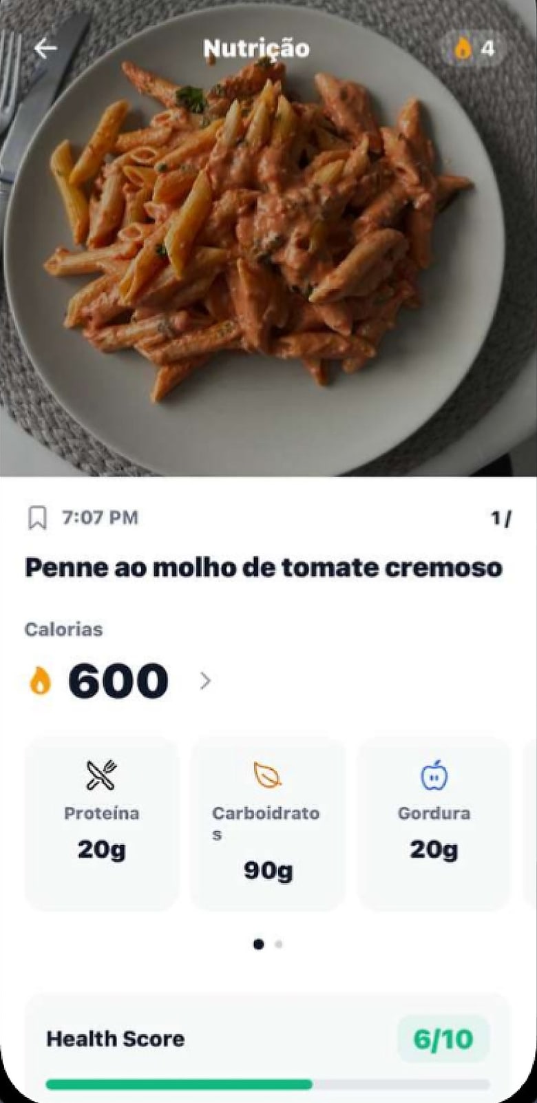 Resultado do scanner: penne ao molho com 600 kcal